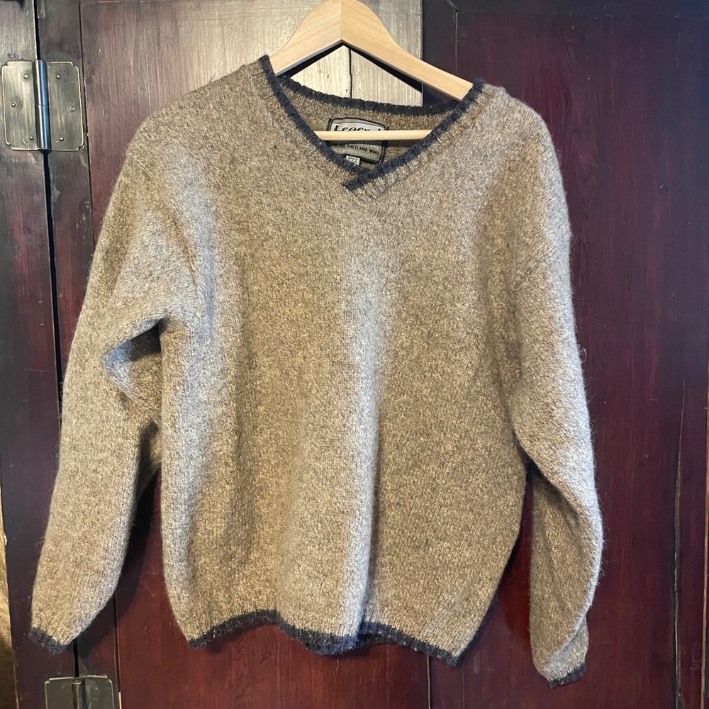Vintage 100% wool Brown/Grey V-Neck Sweater with Dark Trim